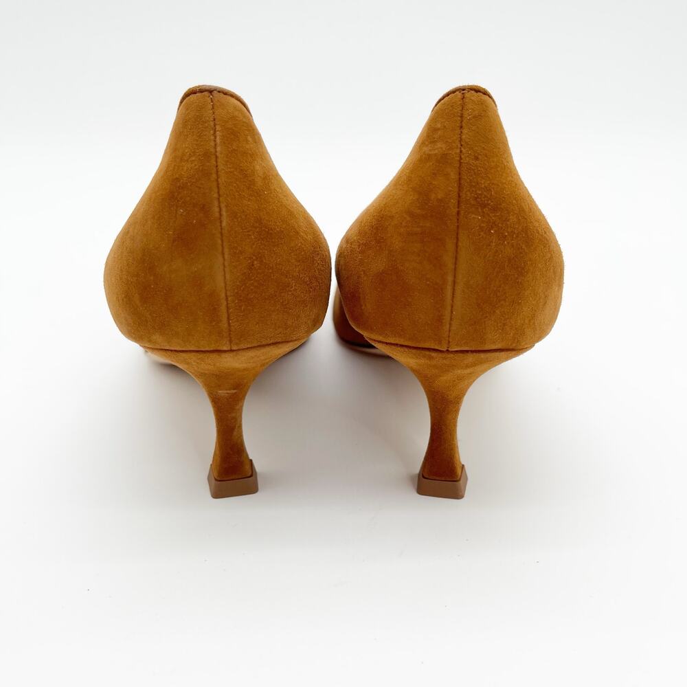 Manolo Blahnik Maysale Camel Tan Suede Buckle Pointed Toe Kitten Heels IT 40.5 - Picture 8 of 10